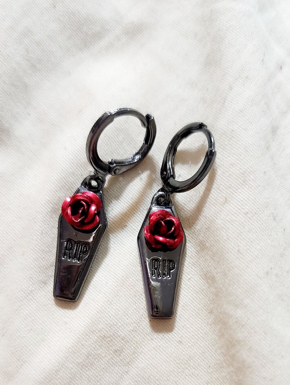 Black Coffin Hoop Earrings with Red Rose Accent
